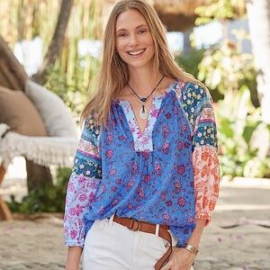 SUNDANCE Astir Floral Multicolor Patchwork Boho Lightweight Blouse Top Size S